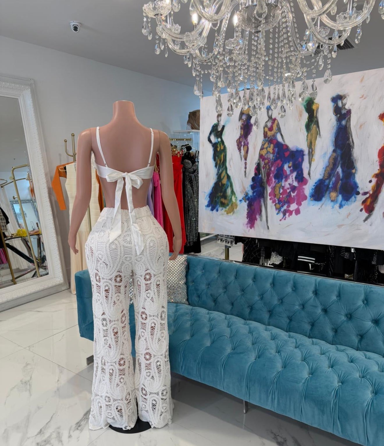 Jardin Grace Crochet Floral Pant Set White