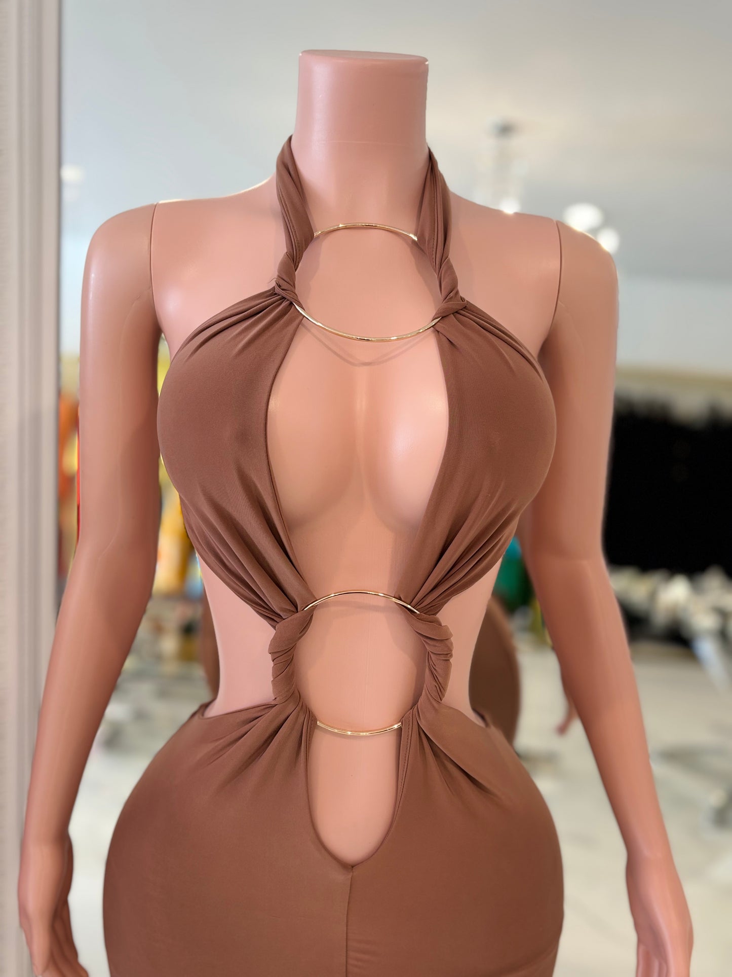 Dark Seduction Ruched Maxi Dress Brown