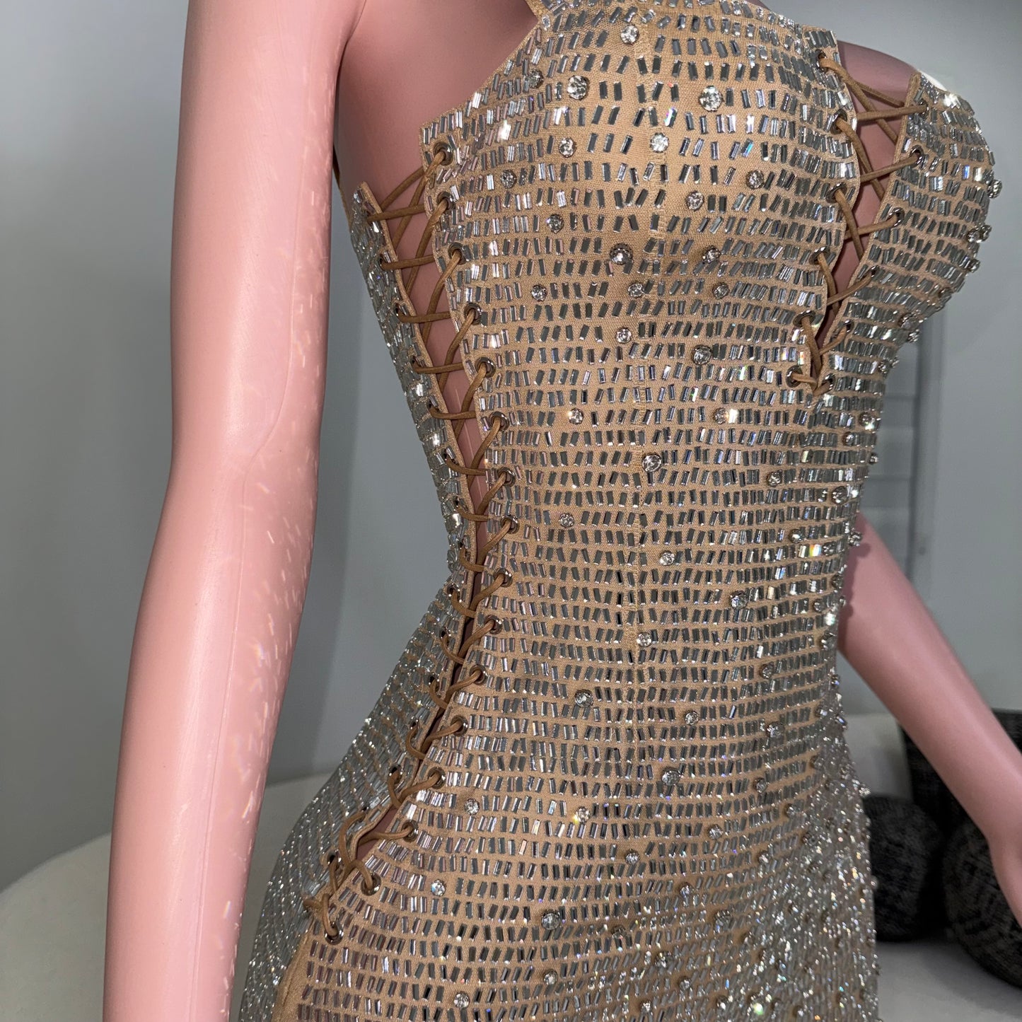 Queen Rhinestones Mini Dress Nude