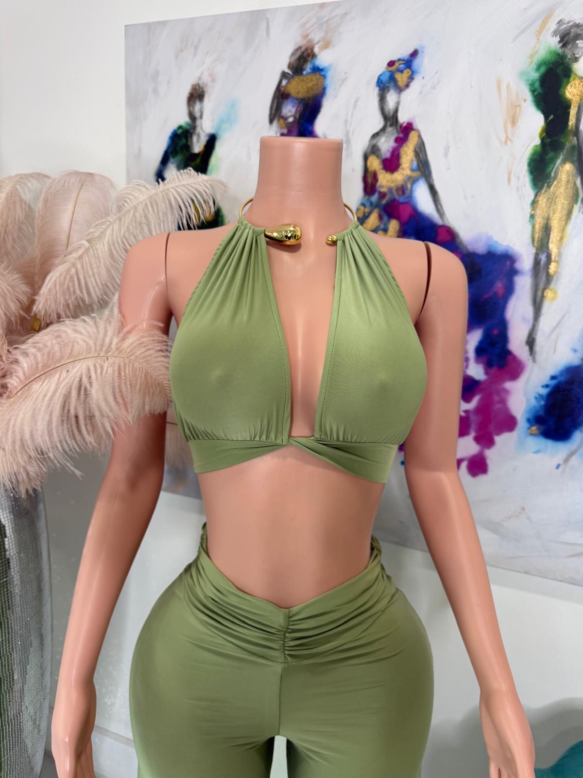 Luxe Flow Ruched Pant Set Green