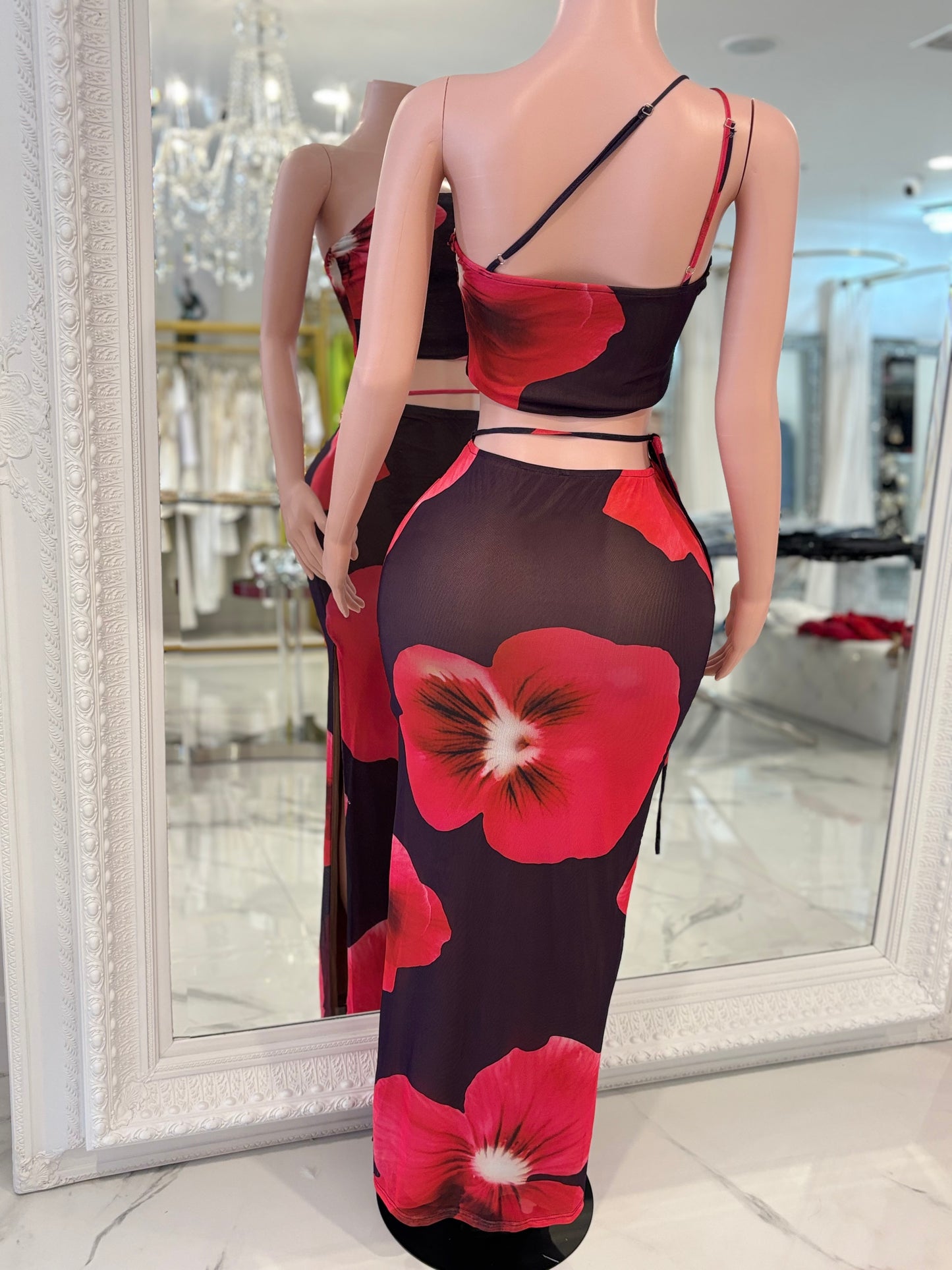 Hibiscus Heat Mesh Floral Skirt Set Red