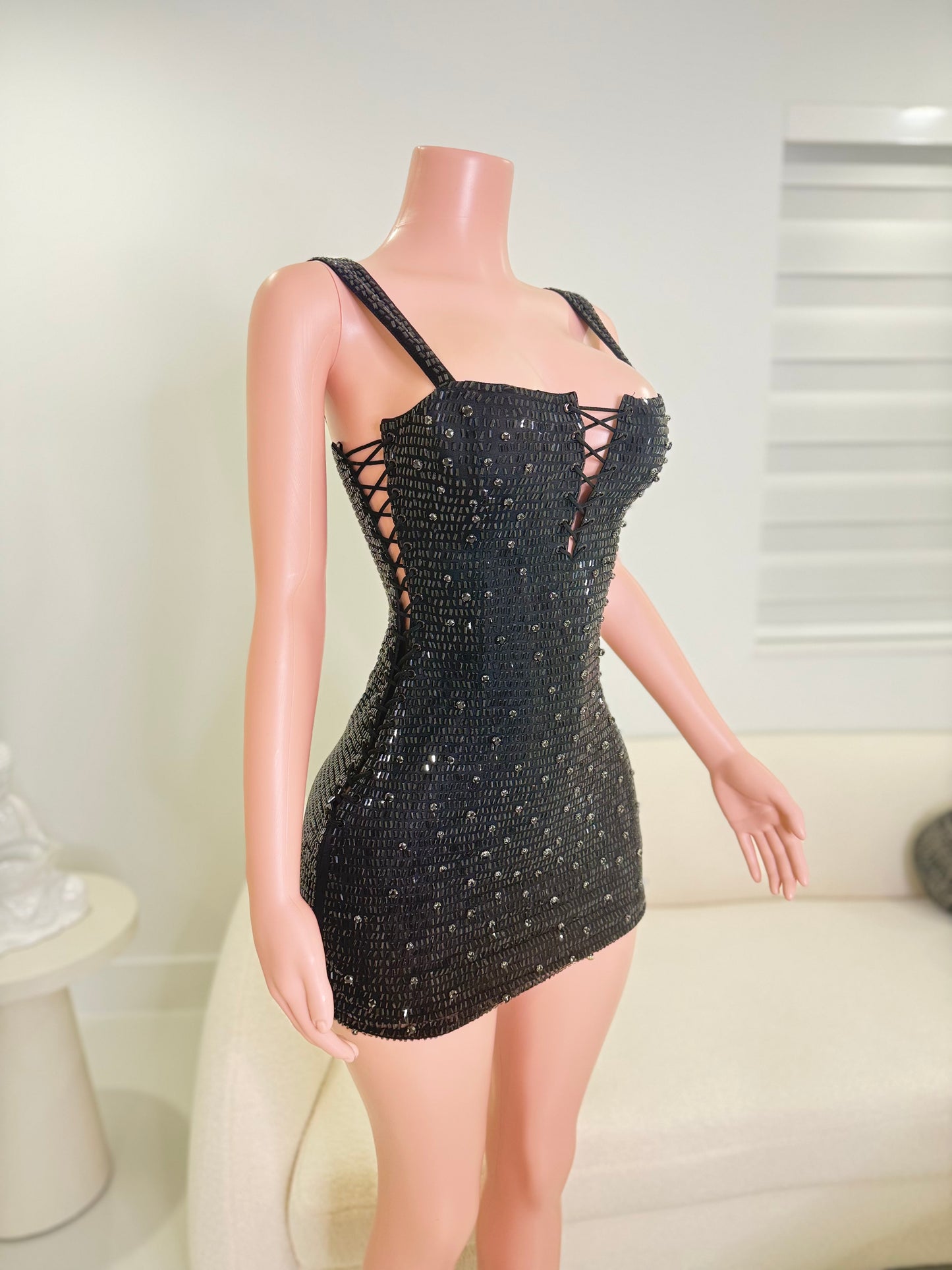 Queen Rhinestones Mini Dress Black