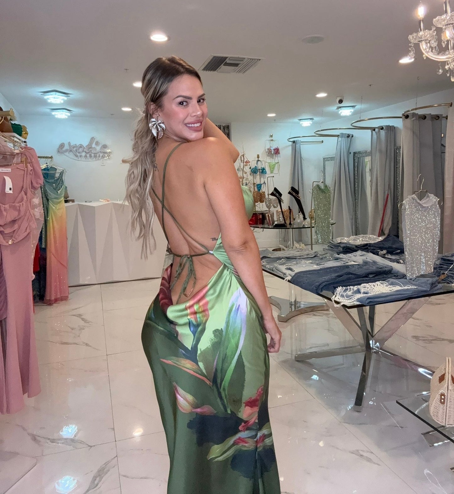 Poetica Love Floral Satin Maxi Dress Green