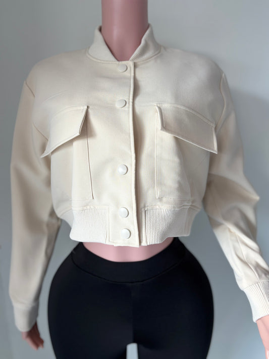 Cream Cropped Bomber Jacket