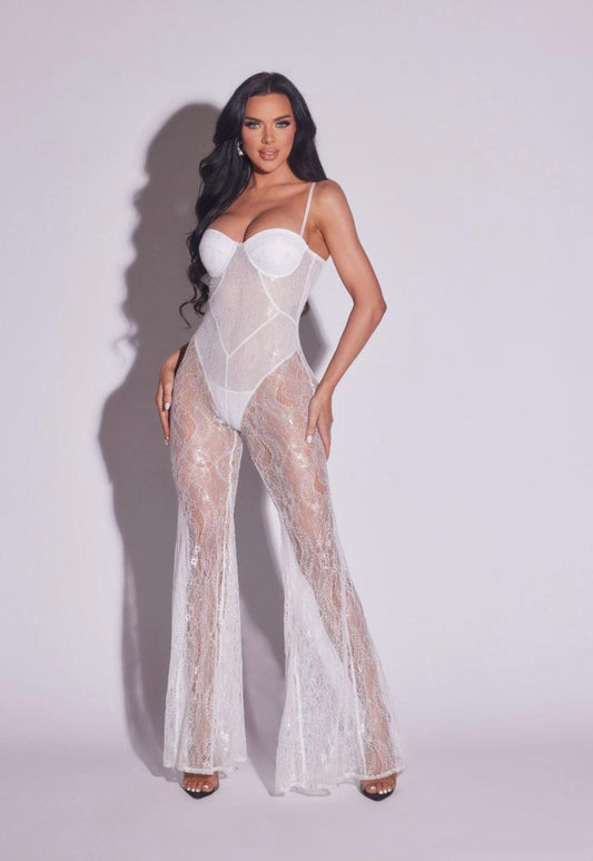 The Eclipse Lace Mesh Jumpsuit white