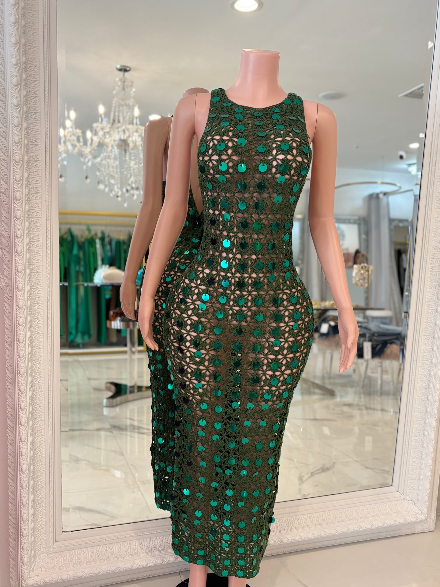 Floral Crochet Sequin Maxi Dress Green
