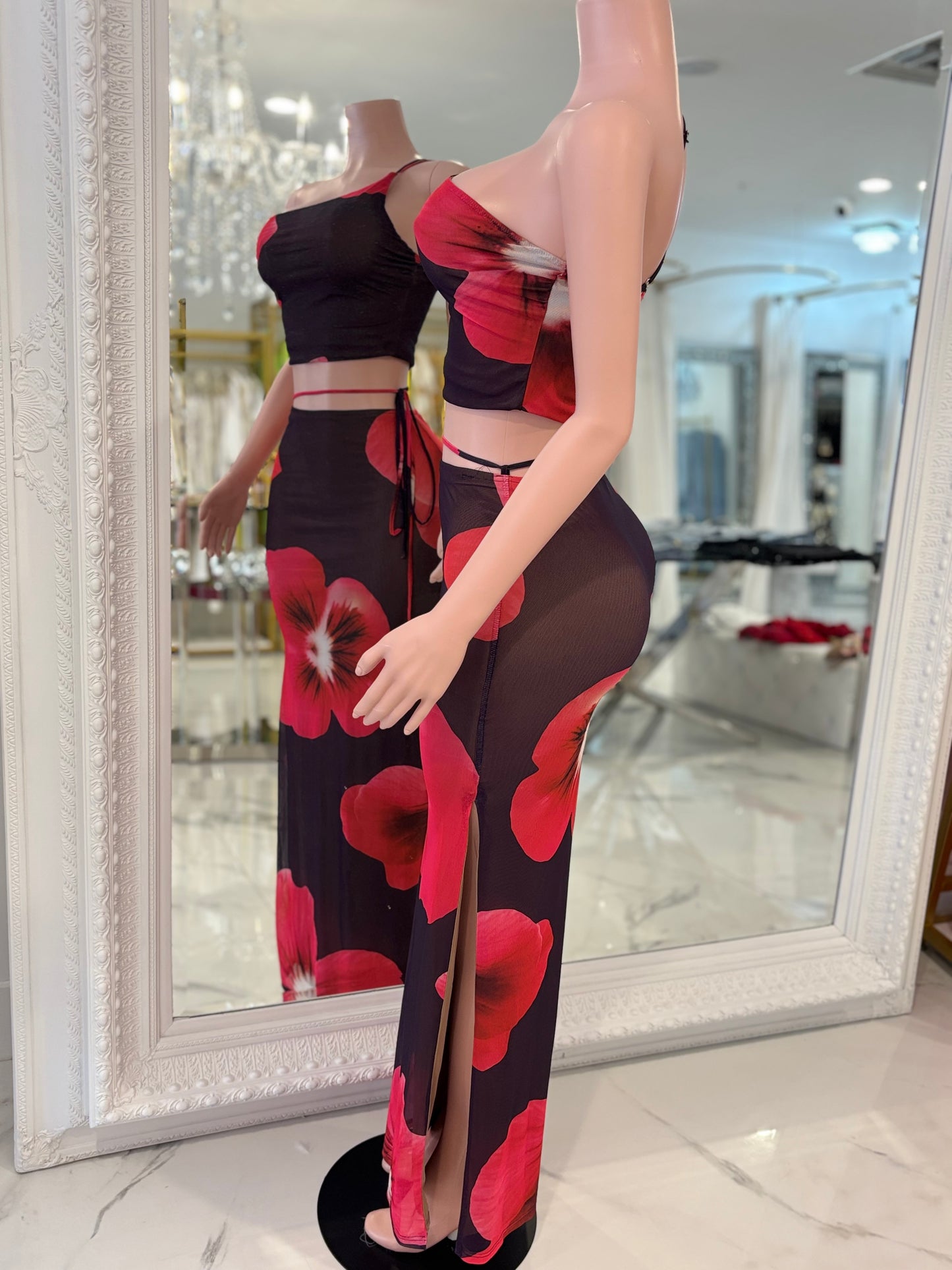 Hibiscus Heat Mesh Floral Skirt Set Red