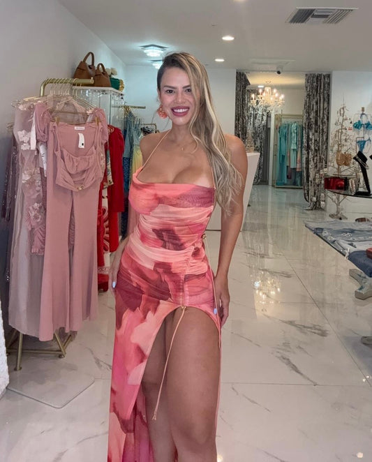 Ember Rush Mesh Ruched Maxi Dress Orange