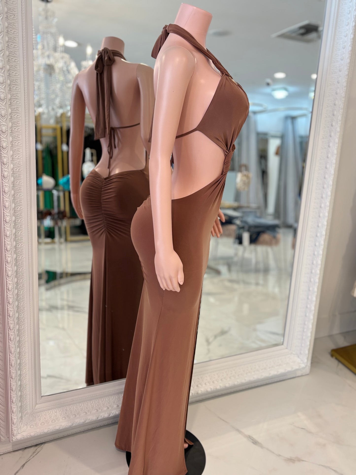 Dark Seduction Ruched Maxi Dress Brown