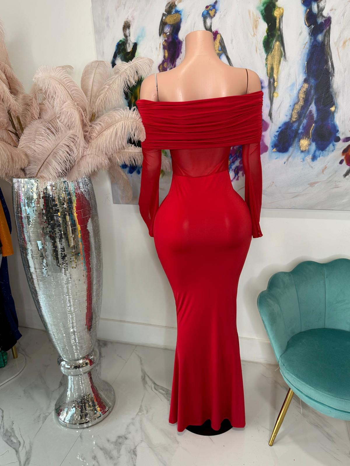 Scarlet Drape Mesh Ruched Maxi Dress Red