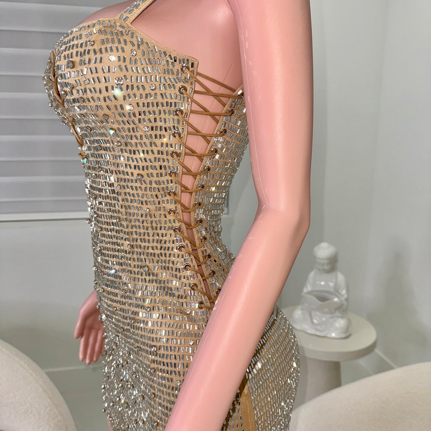 Queen Rhinestones Mini Dress Nude