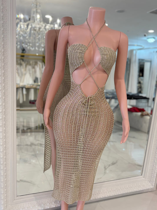 Absolutely Crochet Metallic Maxi Dress Gold