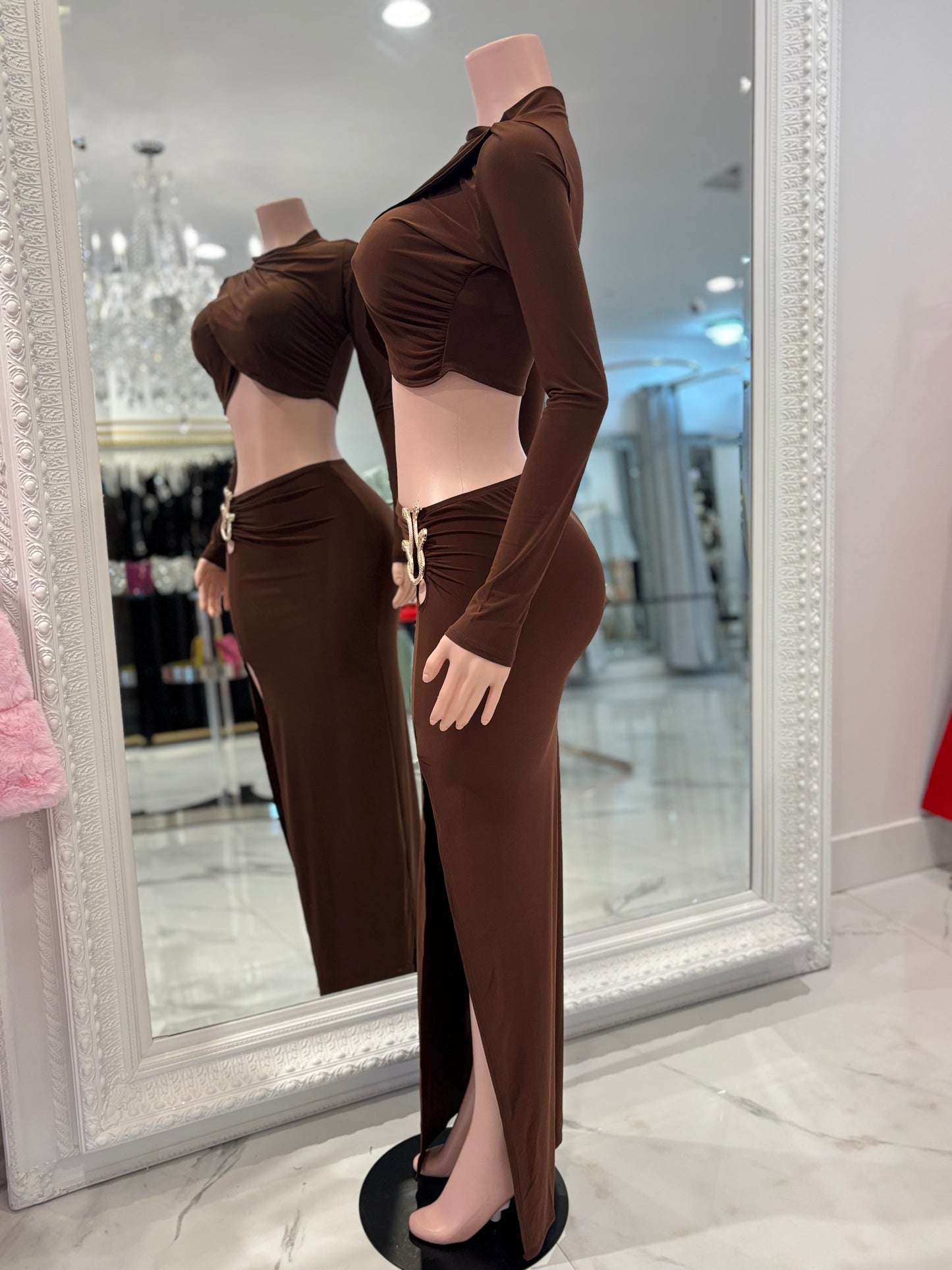 Velouris Drape Ruched Skirt Set Brown