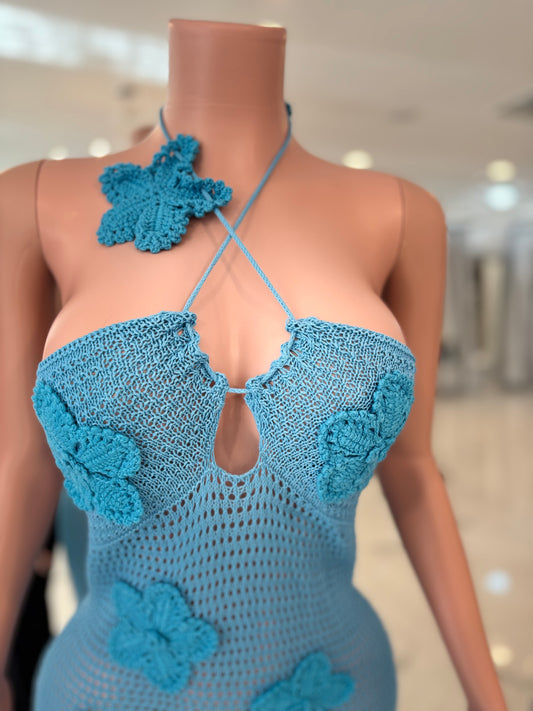 Seafoam Garden Floral Crochet Maxi Dress Blue