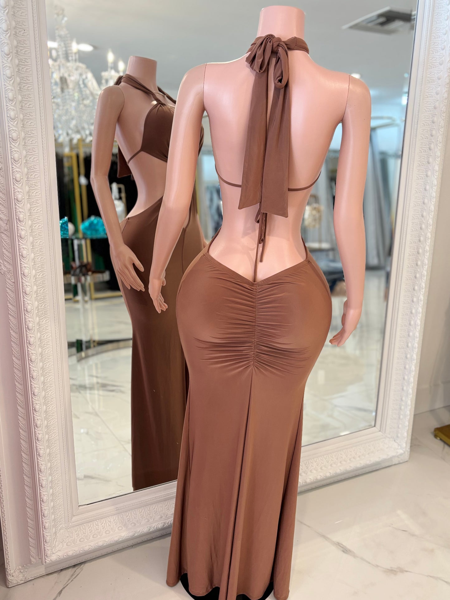 Dark Seduction Ruched Maxi Dress Brown