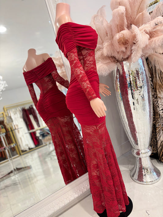 Mony Essence Lace Ruched Maxi Dress Red