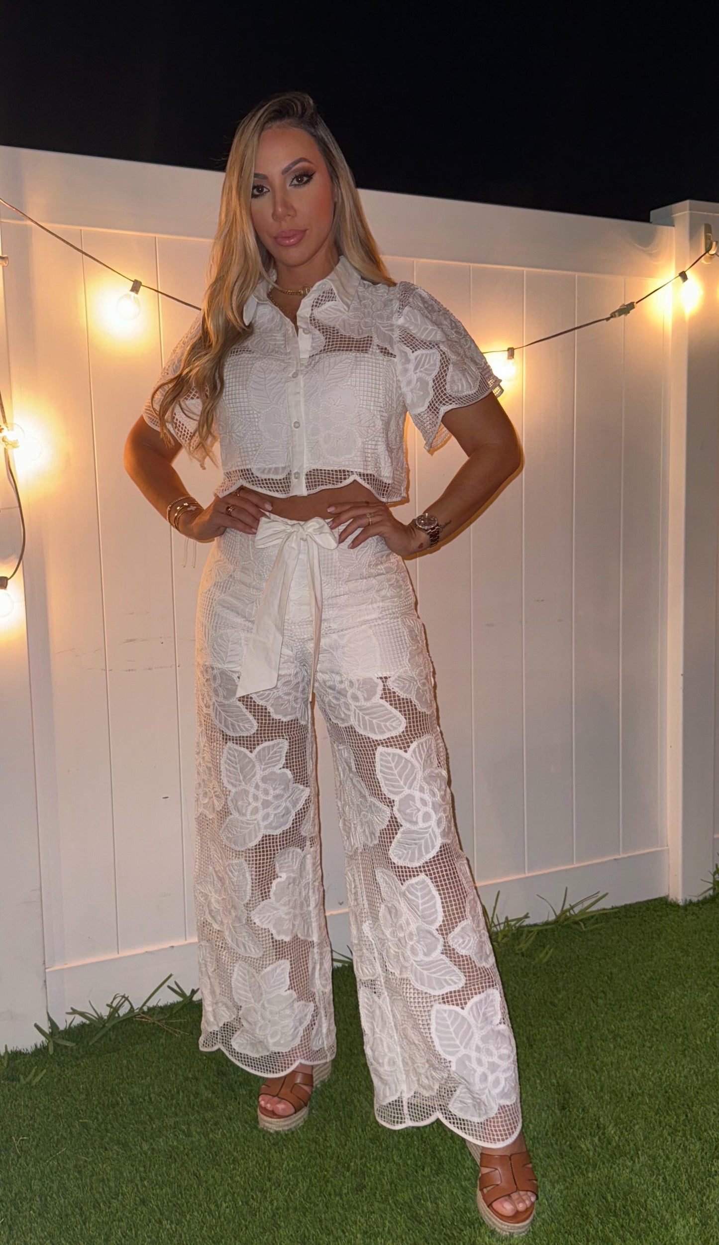 Floral Pants Set White CROCHET