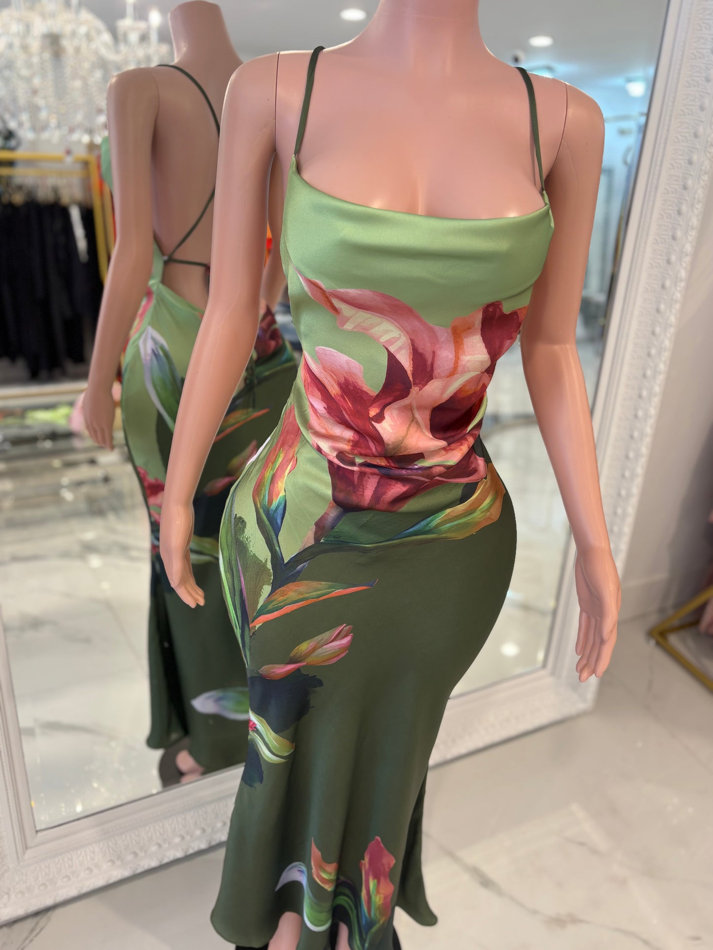 Poetica Love Floral Satin Maxi Dress Green