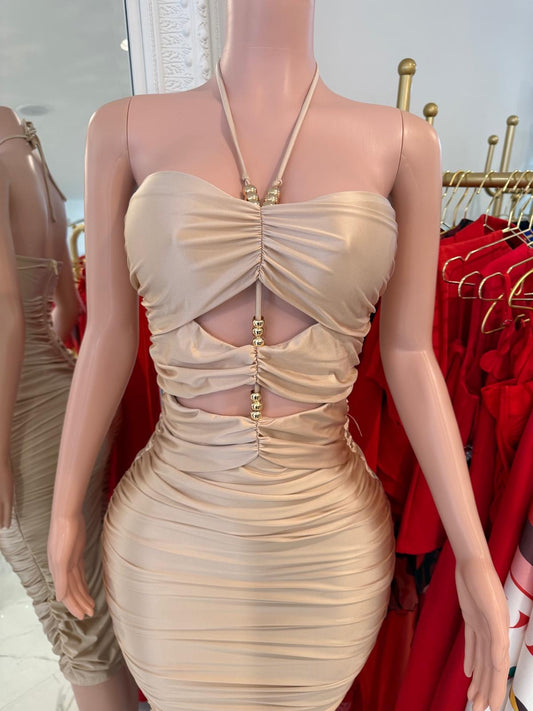 The Opi Ruched Midi Dress Nude