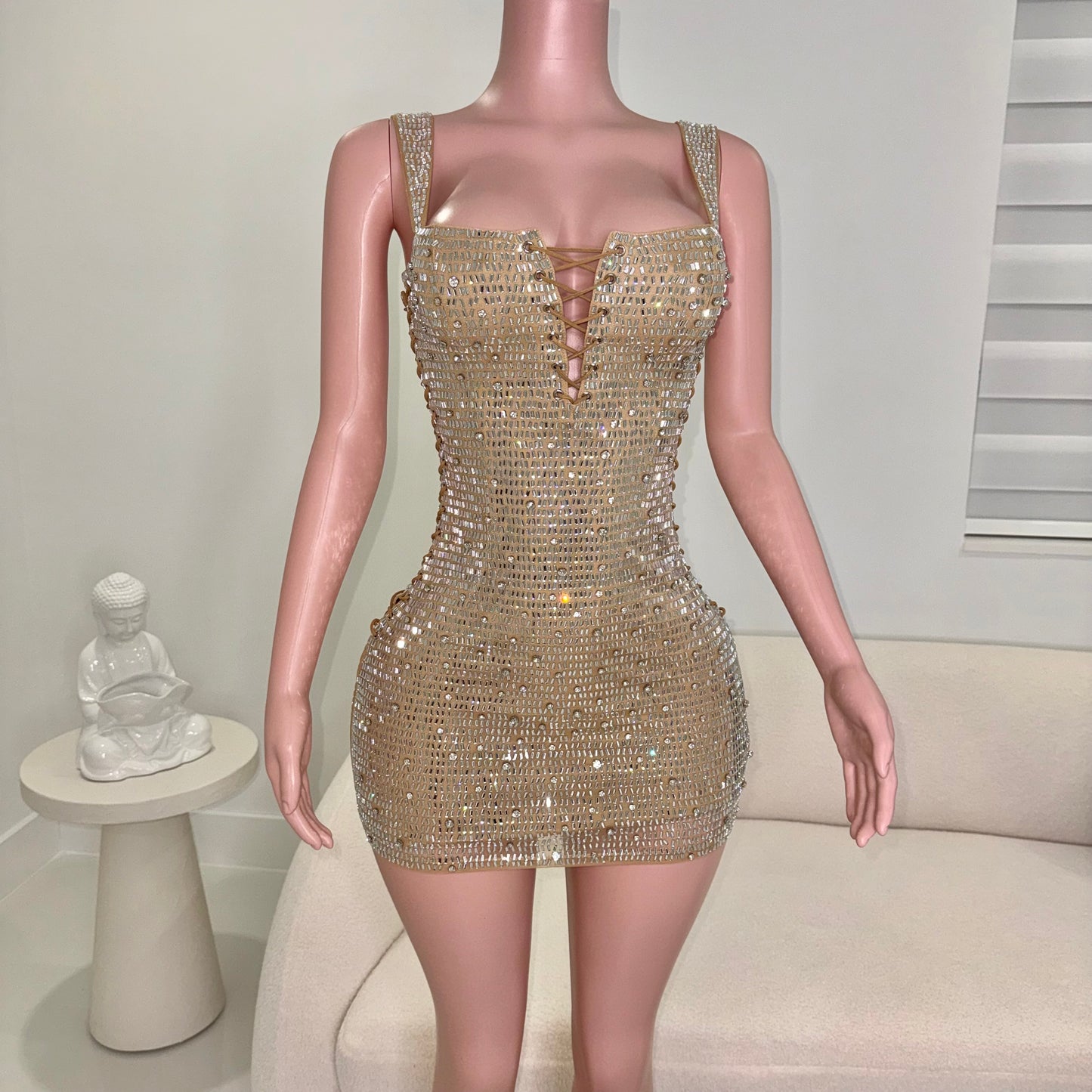 Queen Rhinestones Mini Dress Nude