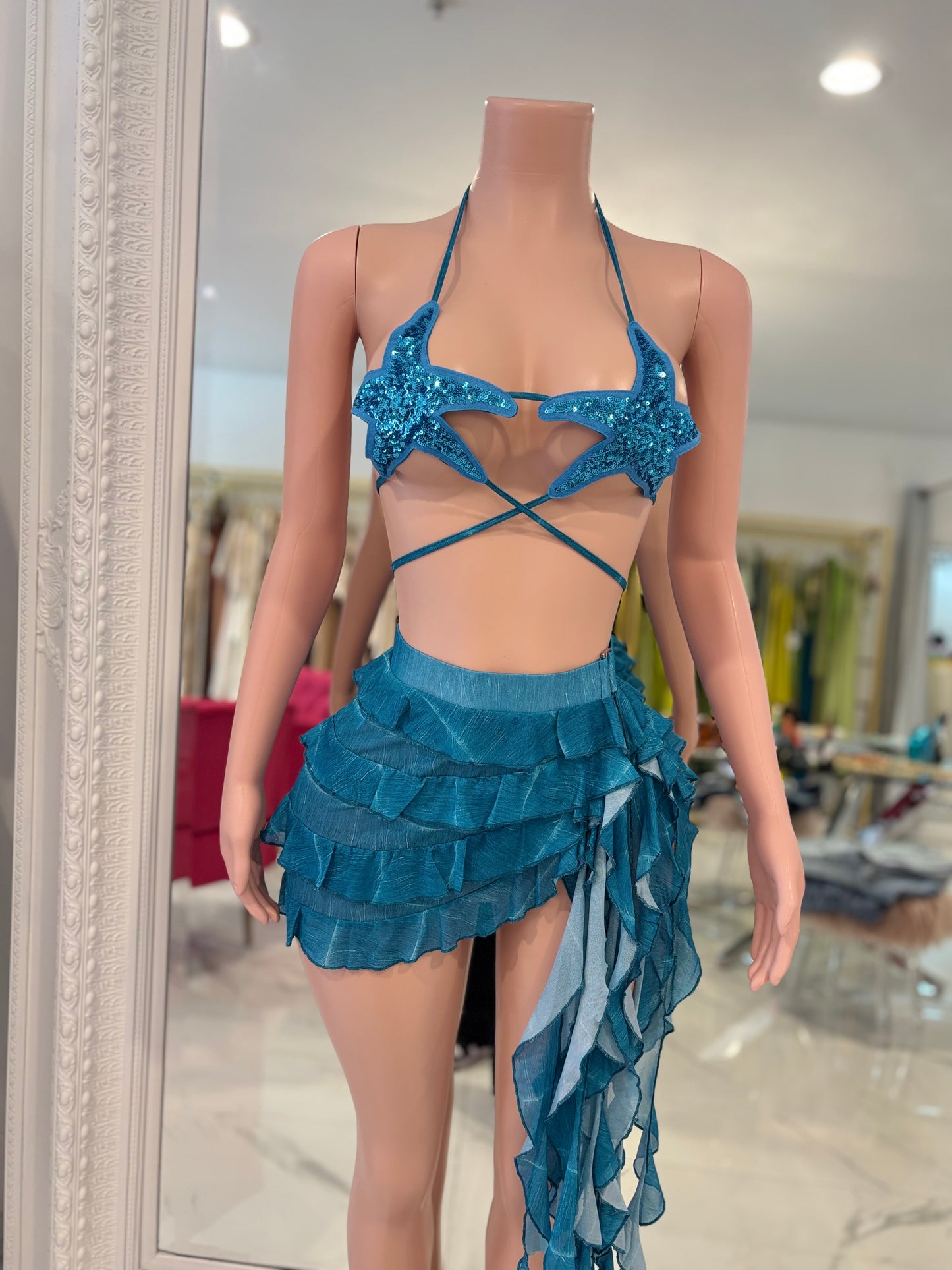 Starfish Daze Mesh Sequin Ruched Skirt Set Blue