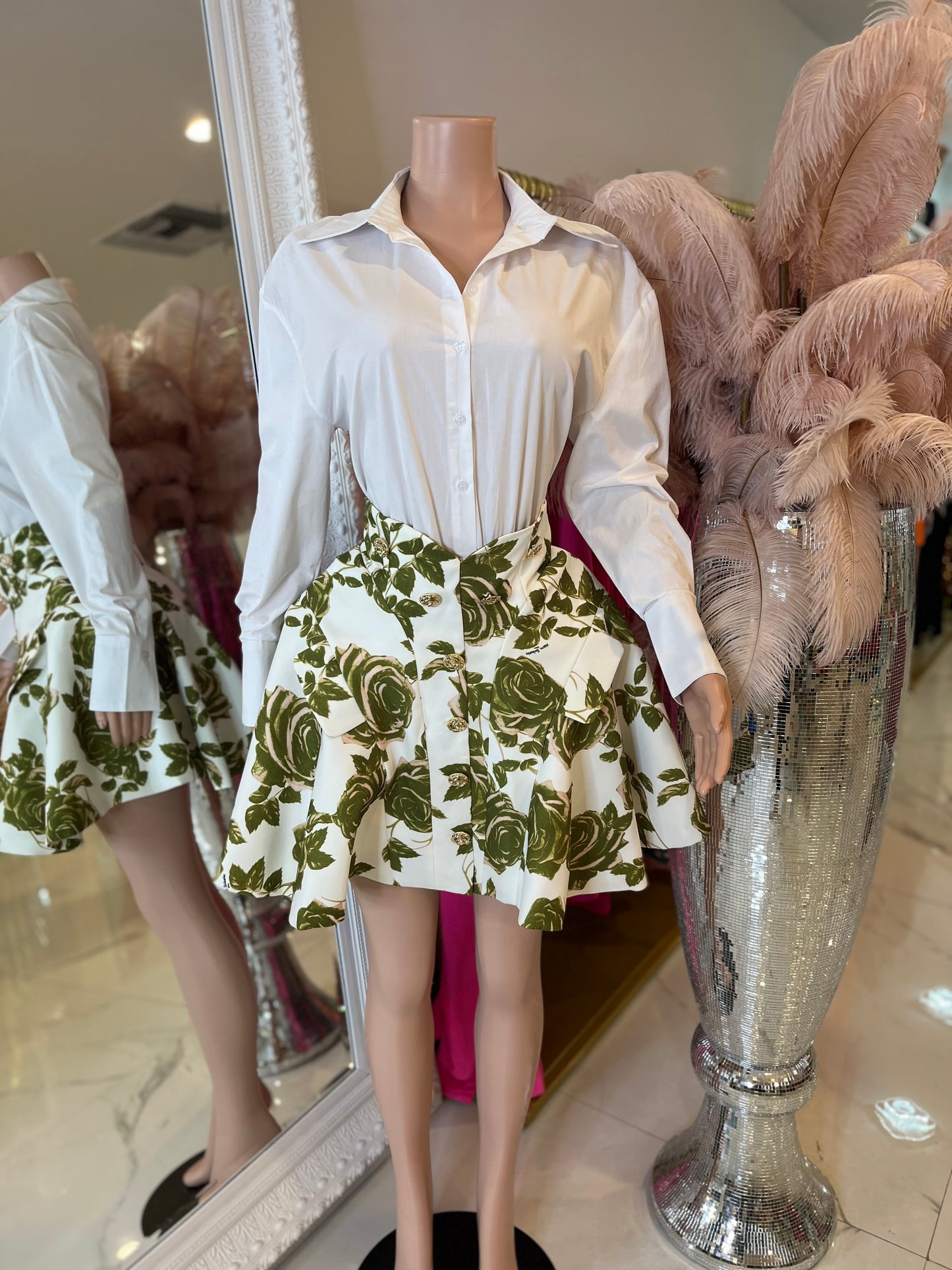 Blooming Rose Floral Skirt Set Green