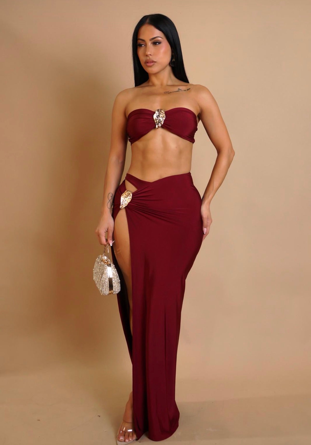 Rosette Mirage Ruched Skirt Set Red