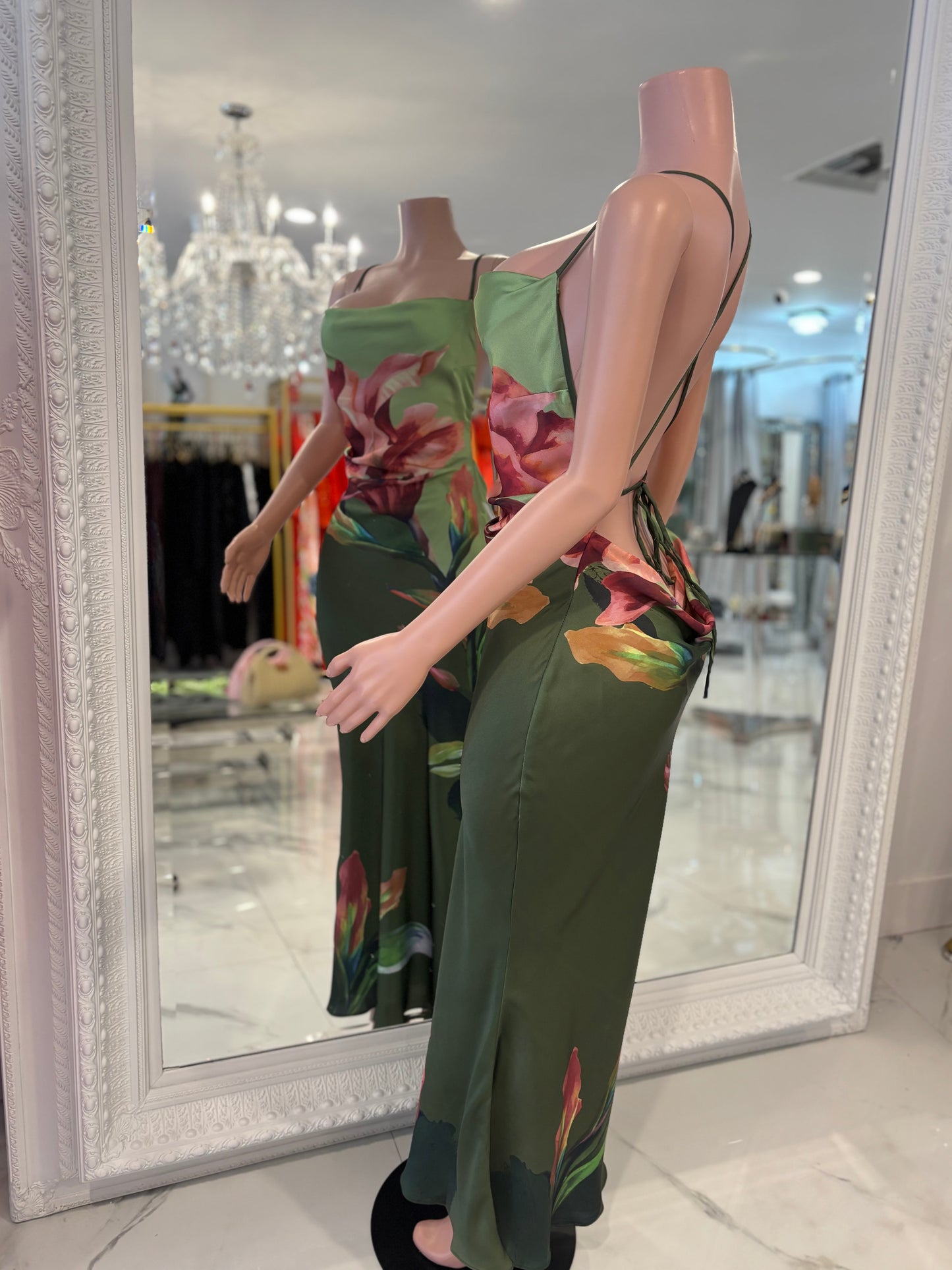 Poetica Love Floral Satin Maxi Dress Green
