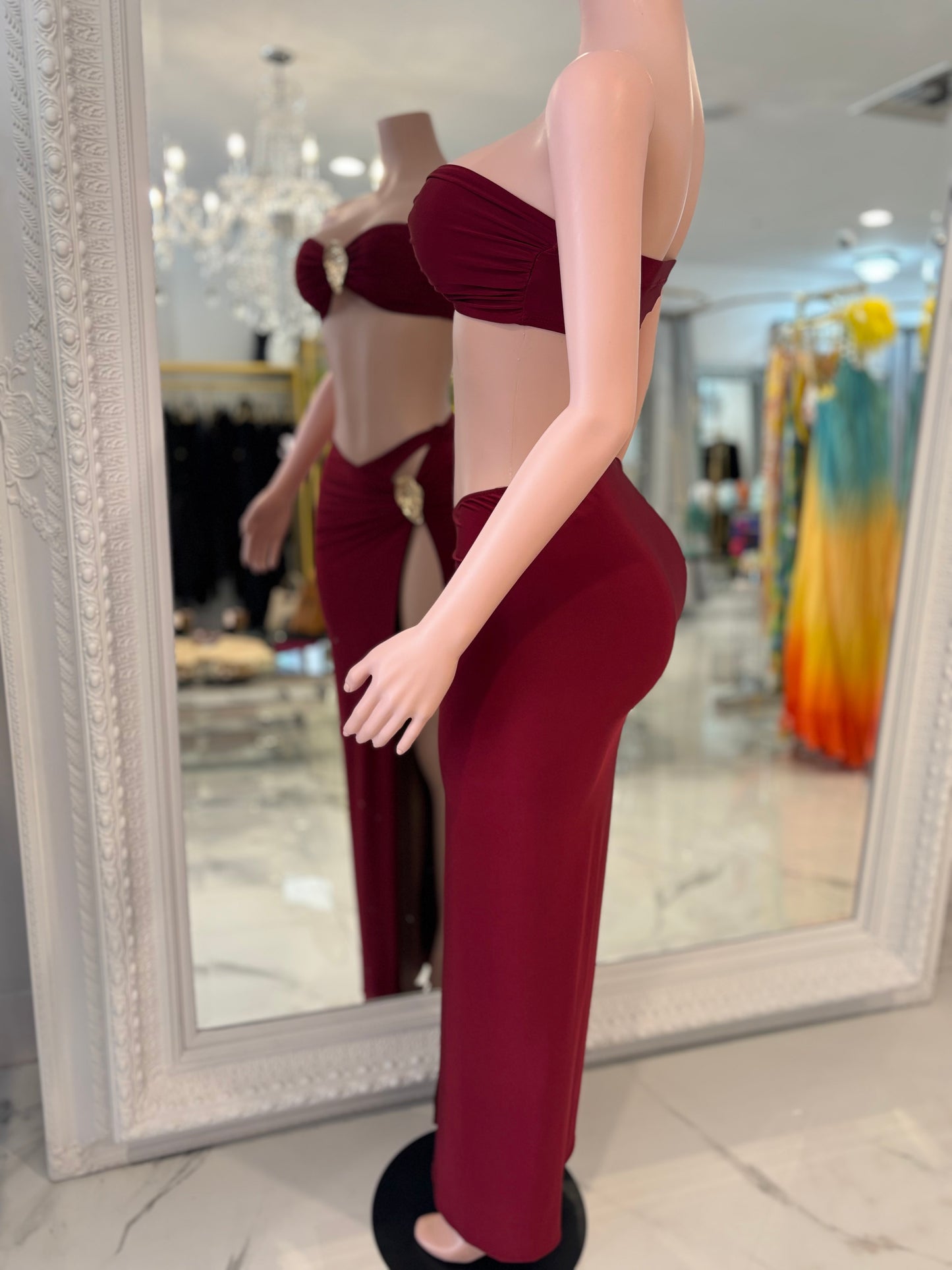 Rosette Mirage Ruched Skirt Set Red