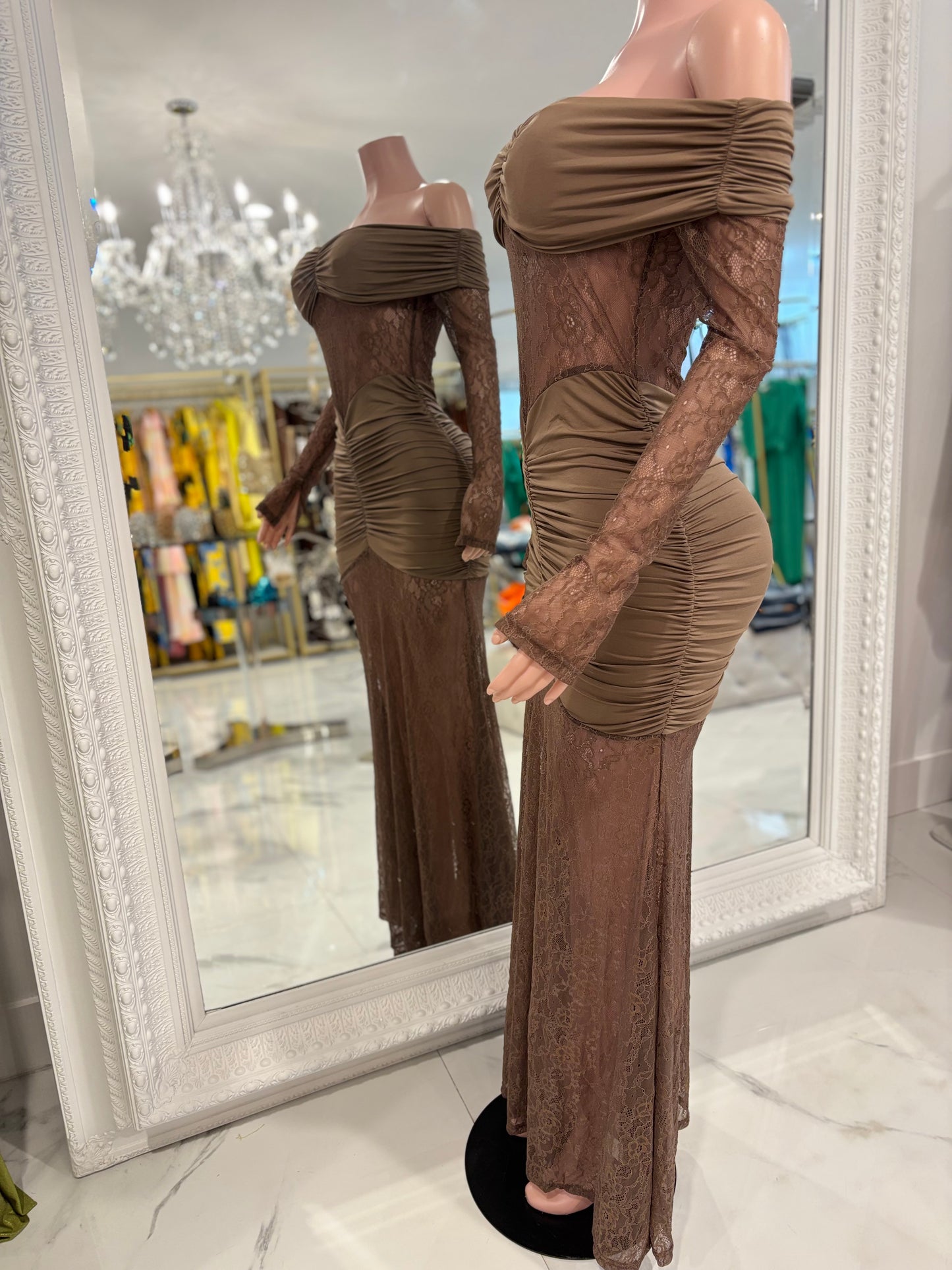 Elisa Lace Ruched Maxi Dress Brown
