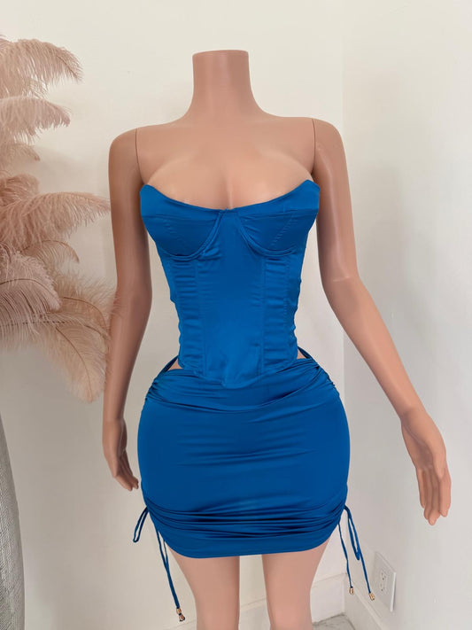 Aurora Luxe Satin Ruched Skirt Set Blue