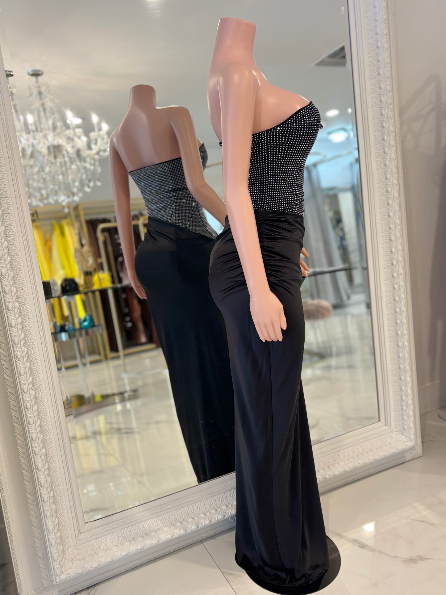 Lumina Drape Ruched Rhinestone Maxi Dress Black