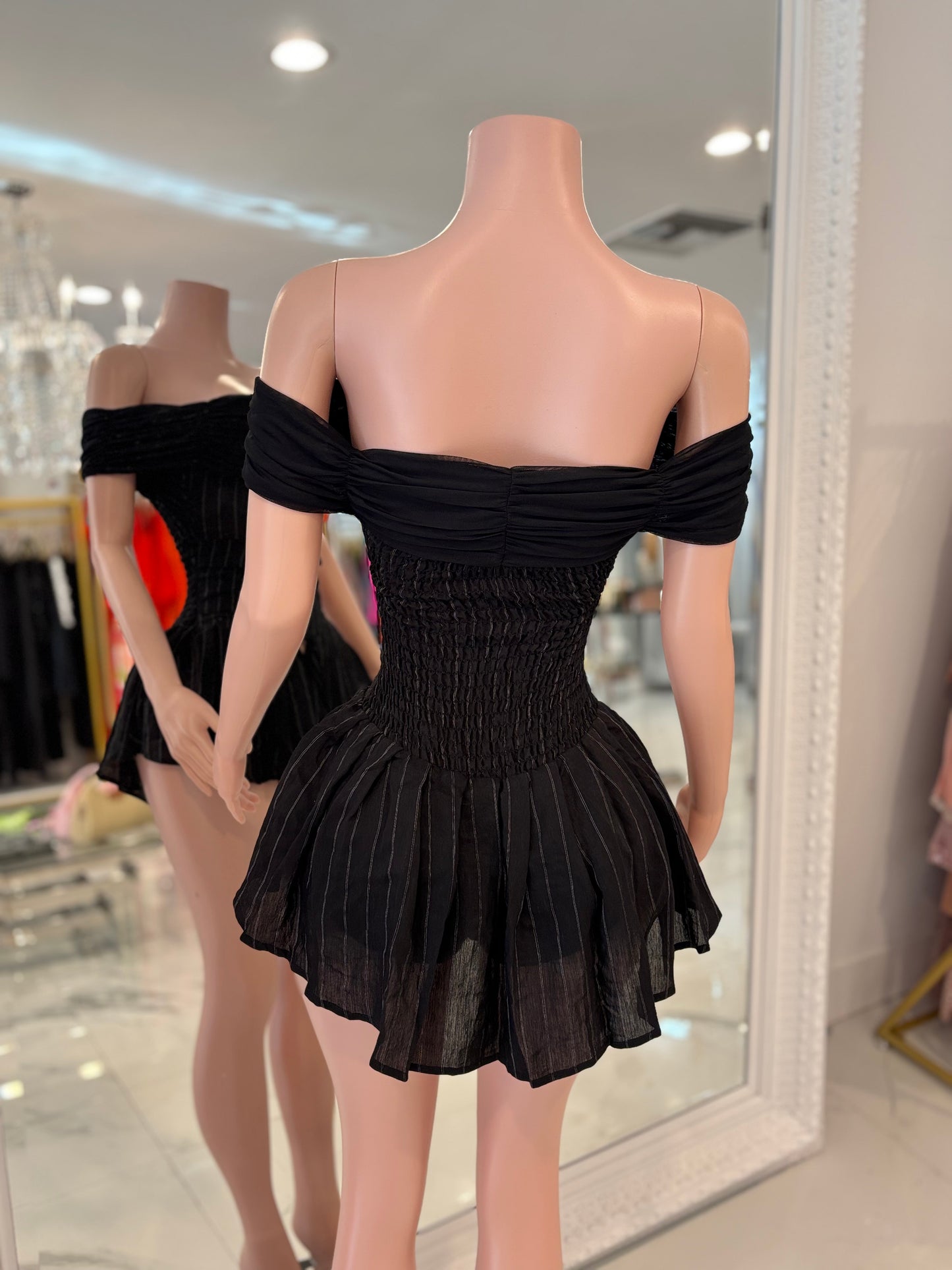 After Hours Mesh Stripes Ruched Romper Black