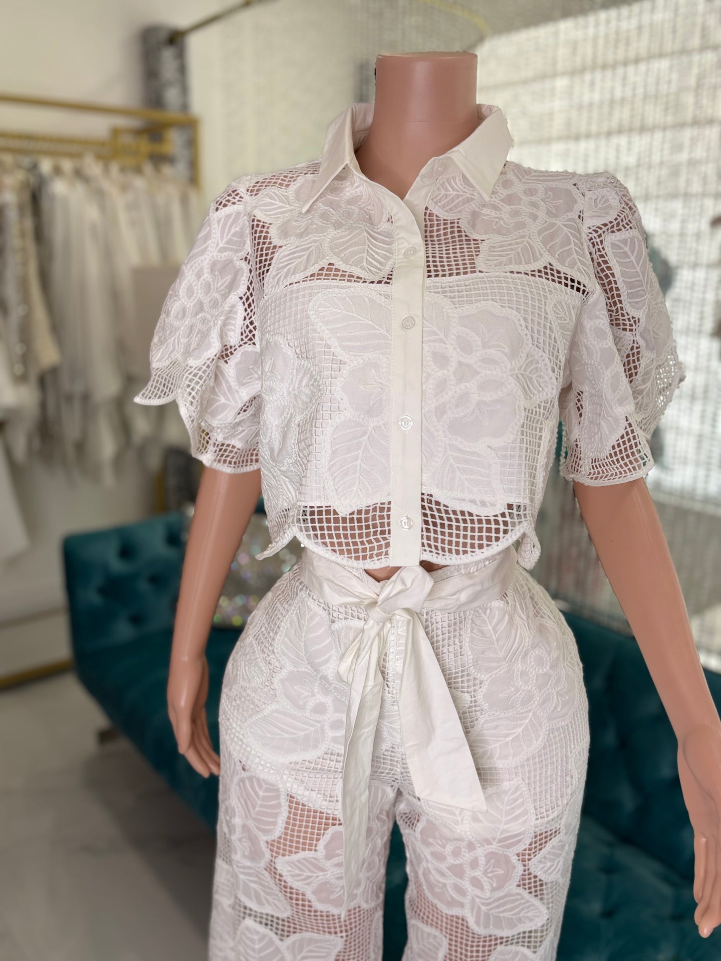 Floral Pants Set White CROCHET