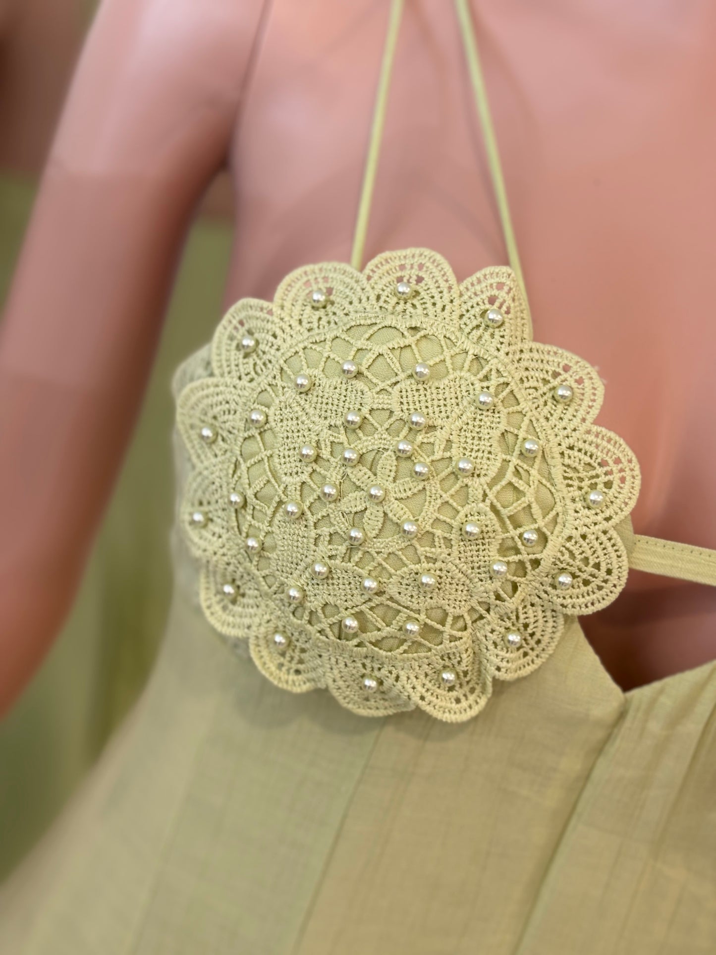 Conchas Lace Pearls Mini Dress Green