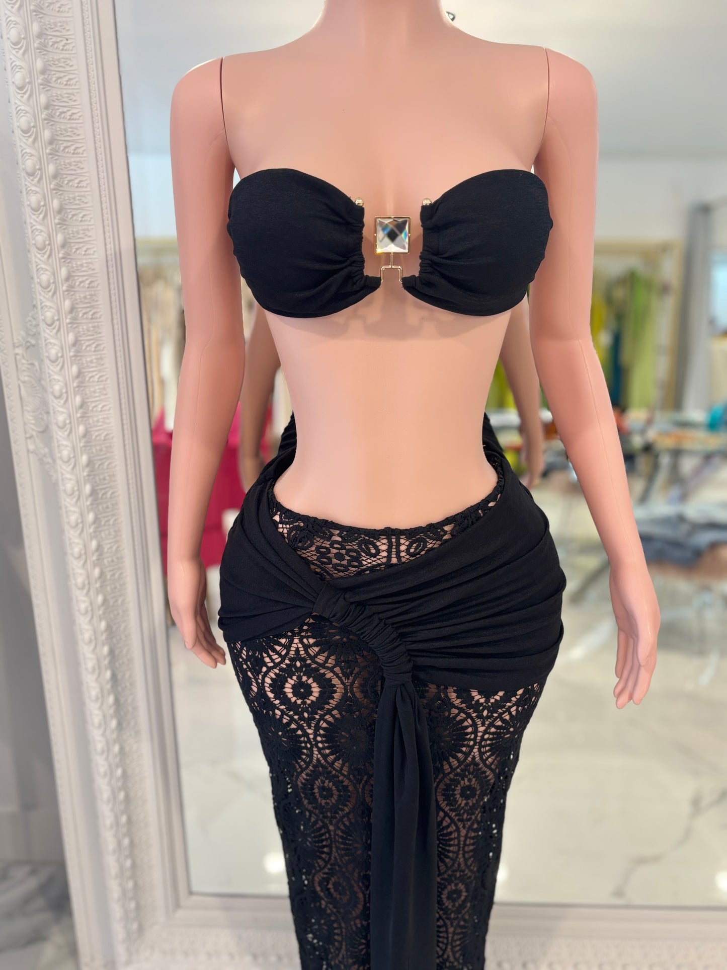 Marbella Allure Crochet Ruched Skirt Set Black