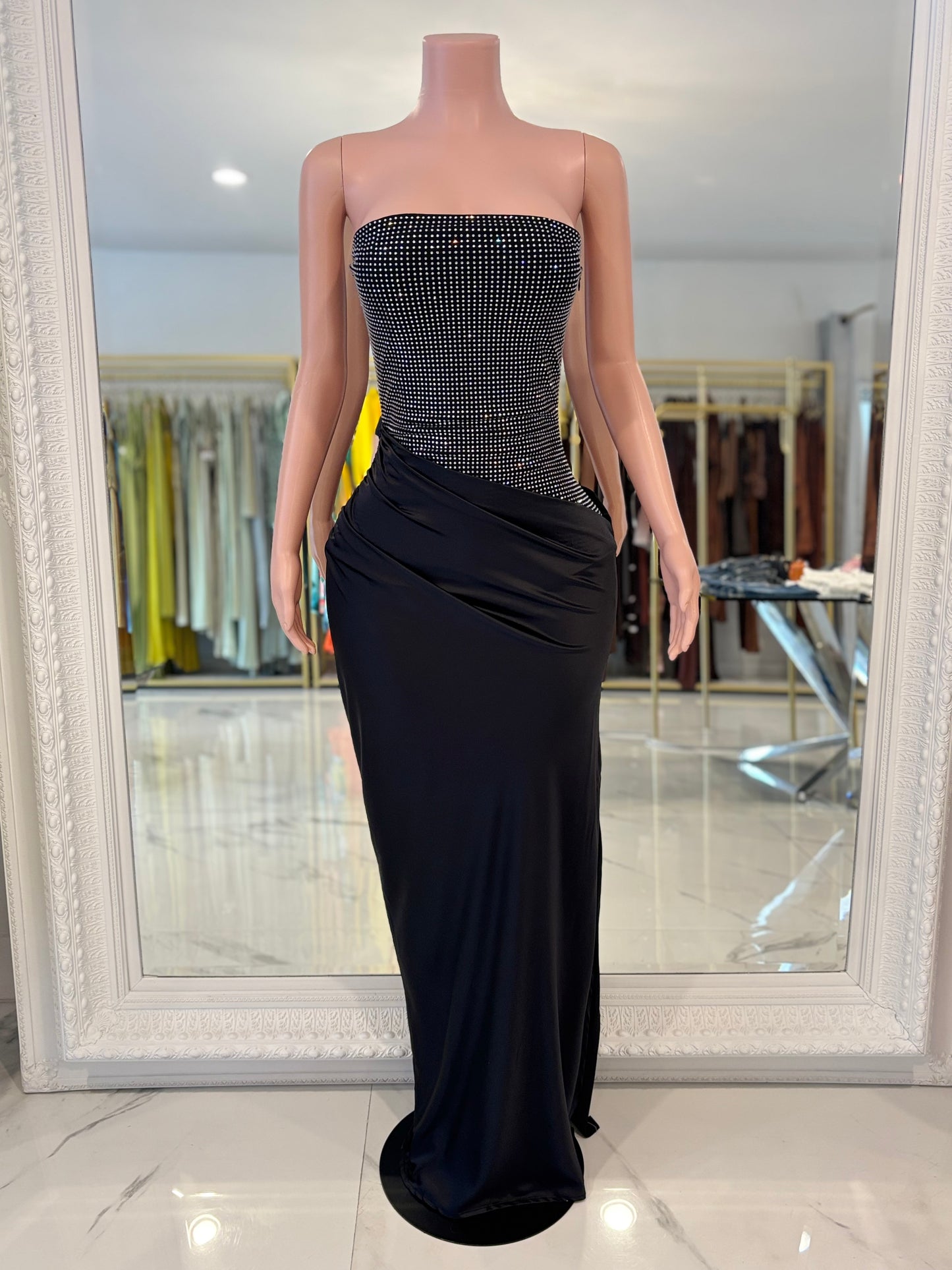 Lumina Drape Ruched Rhinestone Maxi Dress Black