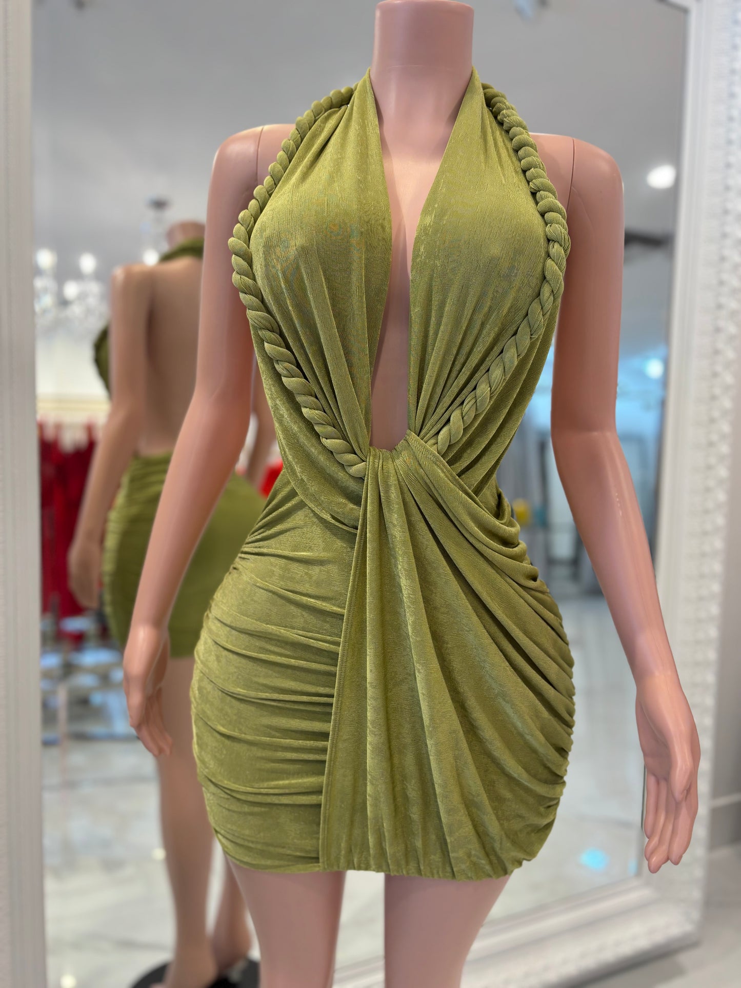 Braid of Desire Ruched Mini Dress Green