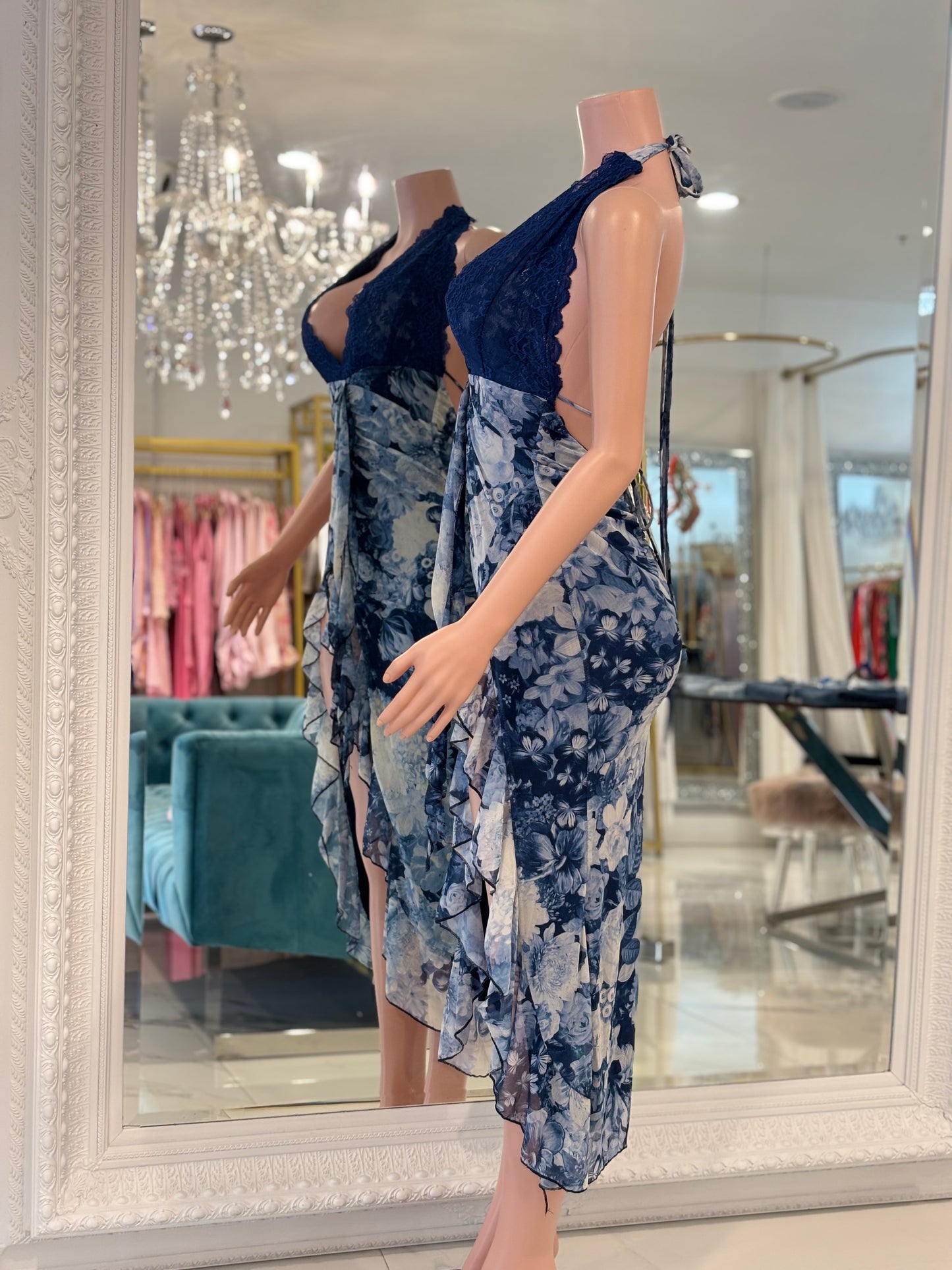 The Scarlet Bloom Ruched Lace Floral Maxi Dress Blue