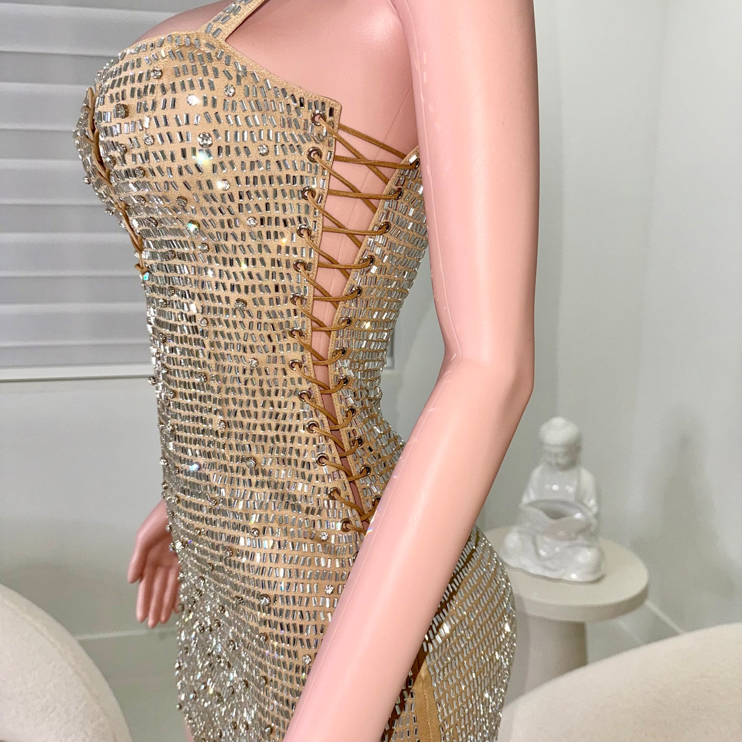 Queen Rhinestones Mini Dress Nude