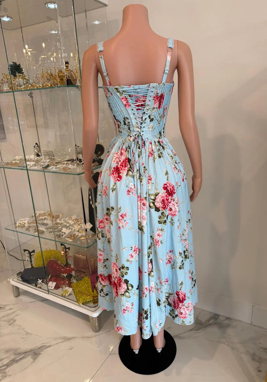 The Rosette Charm Floral Midi Dress Blue