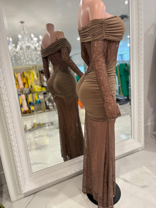 Elisa Lace Ruched Maxi Dress Brown