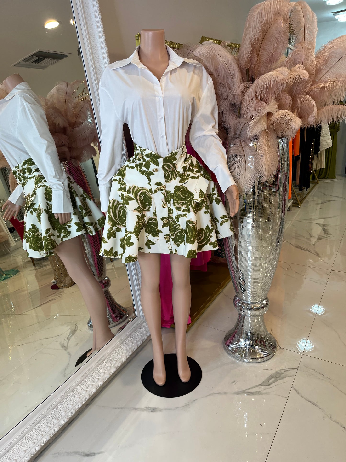 Blooming Rose Floral Skirt Set Green