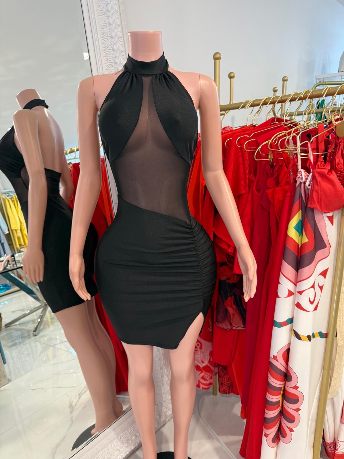 Noir Enigma Ruched Mesh Mini Dress Black