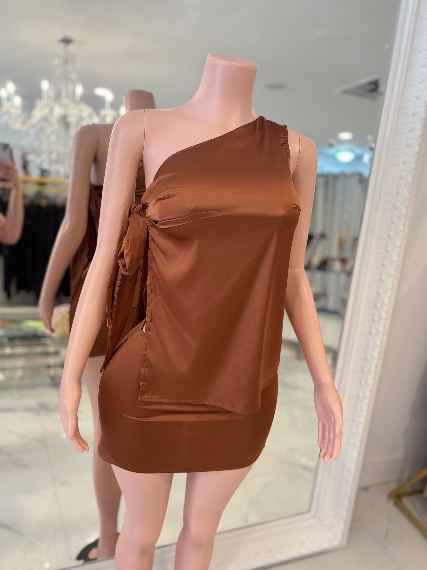 Lily Satin Ruched Skirt Set Brown