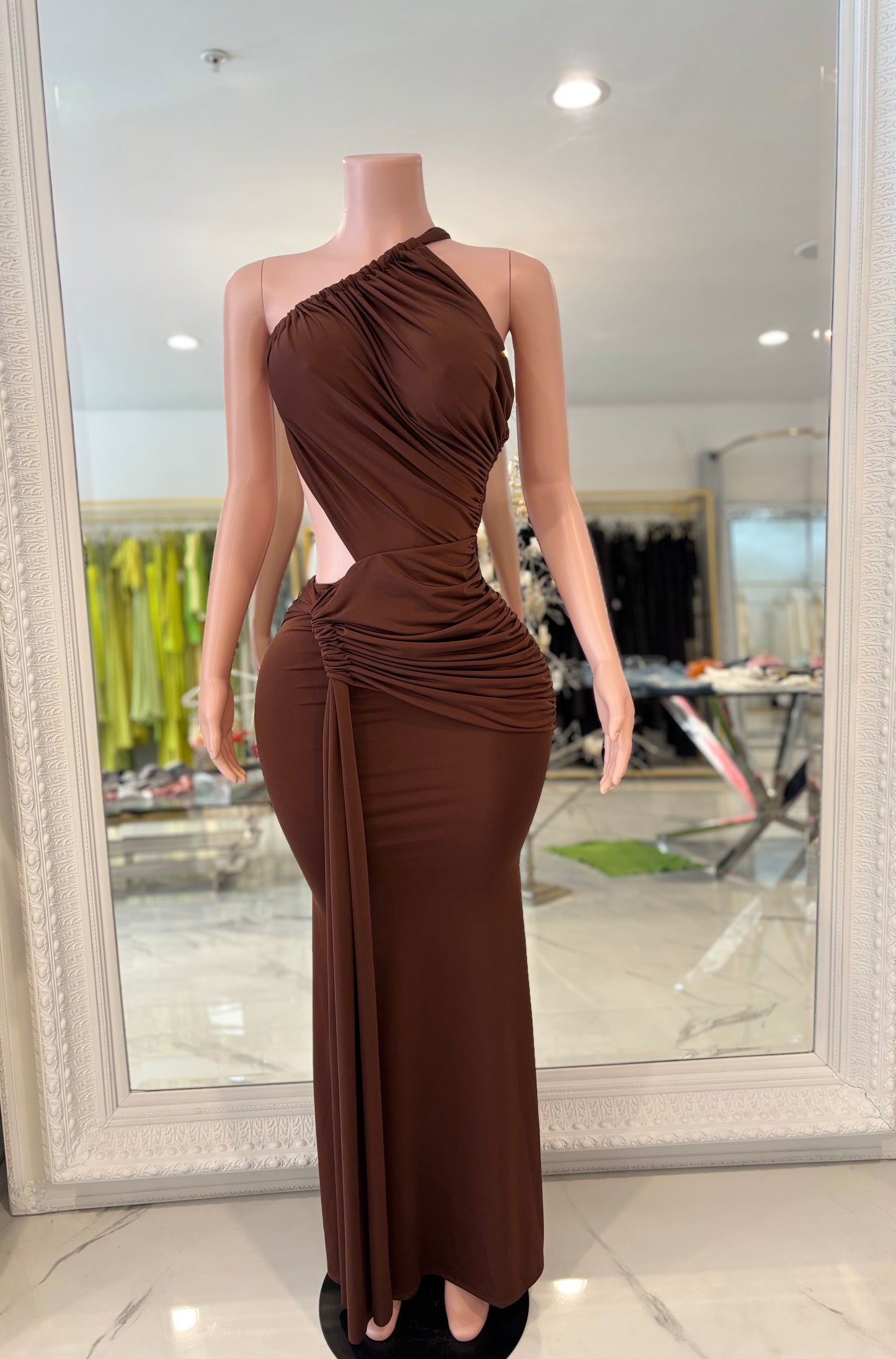 Glow Motion Ruched Maxi Dress Brown