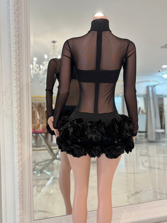 Bloom Veil Mesh Floral Mini Dress Black