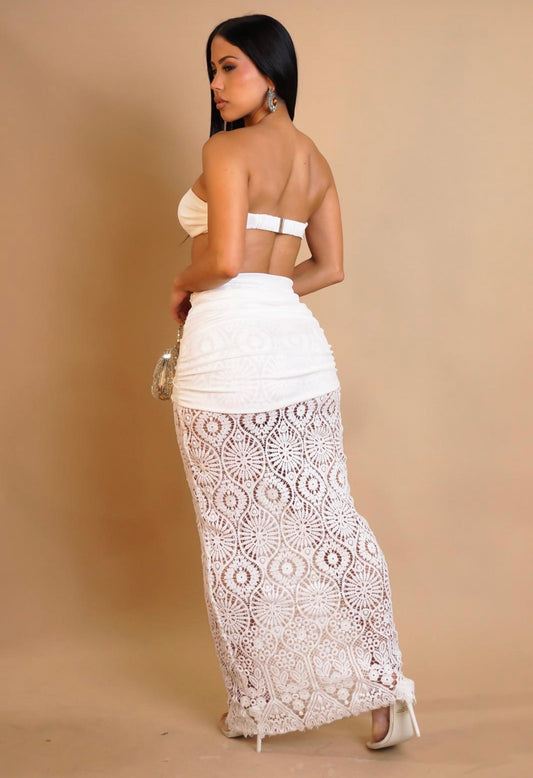 Marbella Allure Crochet Ruched Skirt Set White