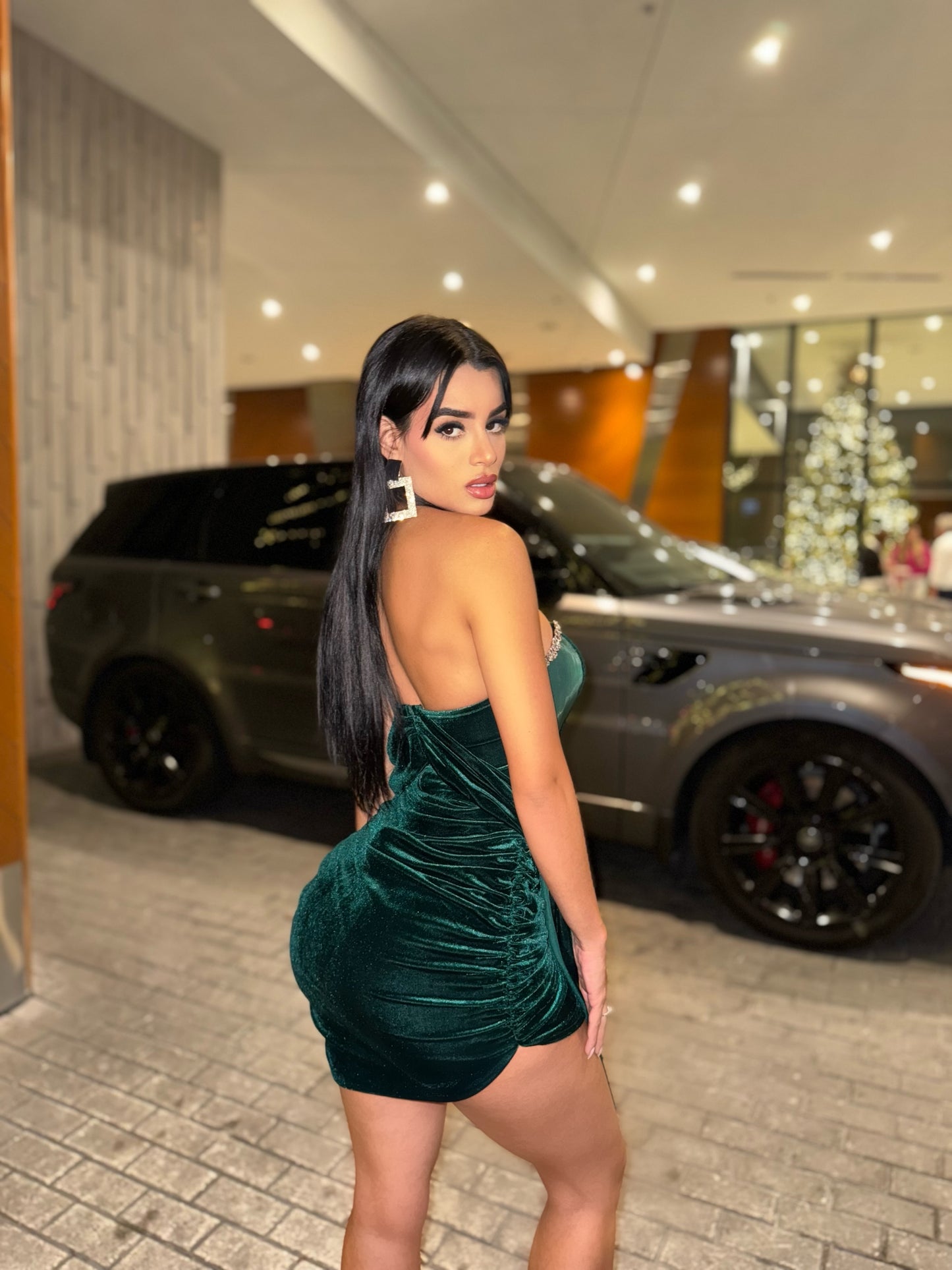 I Need You Velvet Rhinestones Mini Dress Green