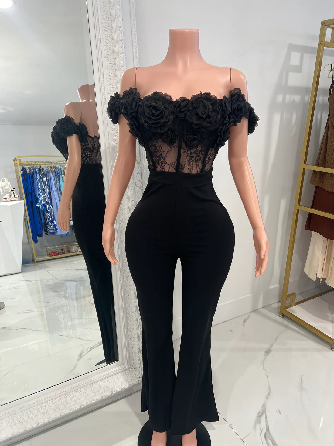 Rosette Lace Dream Floral Jumpsuit Black